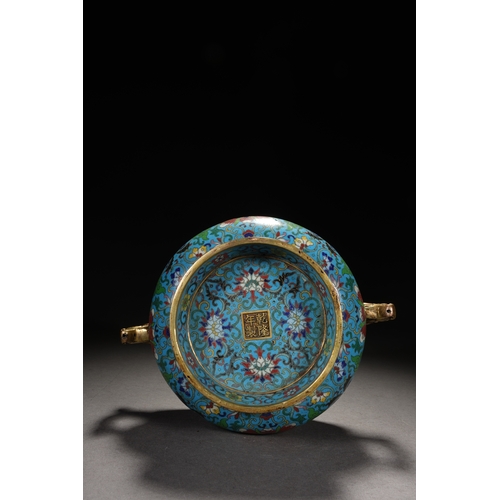 56 - A cloisonné incense burner 'entwined lotus' with cover and woodstand, Qing Dynasty 20cm high with st... 