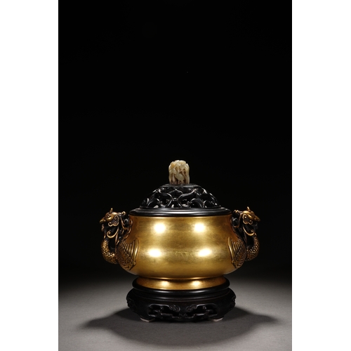 57 - A bronze incense burner 'phoenix handles' with cover and woodstand 20cm high, 21.6cm wide