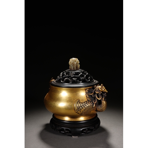 57 - A bronze incense burner 'phoenix handles' with cover and woodstand 20cm high, 21.6cm wide