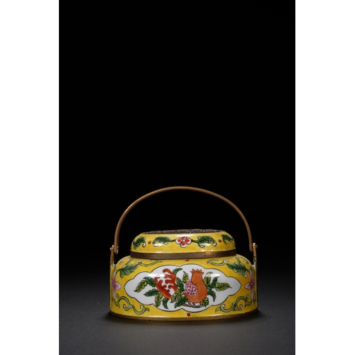 67 - A painted enamel hand warmer with qianlong six-character mark8.3cm long, 7.5cm high