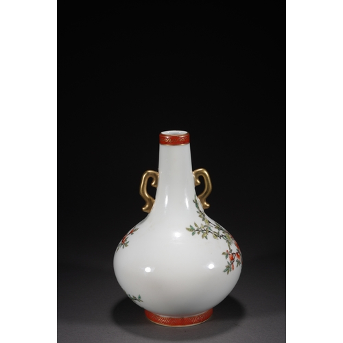 73 - A famille-rose double-handled vase 'floral and quails', Qing Dynasty 23cm high, 15cm wide