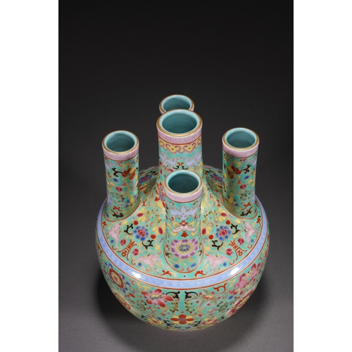 92 - A turquoise ground famille-rose five-hole incense holder, Qing Dynasty 29cm high, 26.5cm wide... 