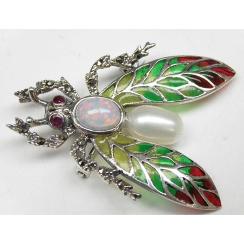 125 - 925 silver bug brooch/pendant set with pearl, opal, ruby and marcasite