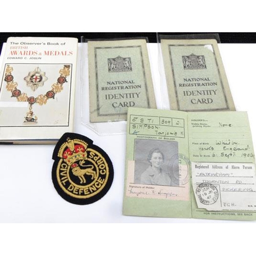 195 - Collection of National registration cards, WW2 medals book and badge