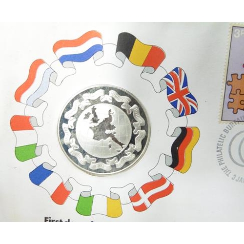 307 - First day of membership of EU 1973 commemorative coin & stamps (UN peace medal 1974)