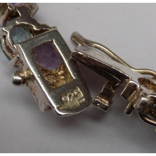 99 - Silver bracelet with blue topaz & amethyst gemstones