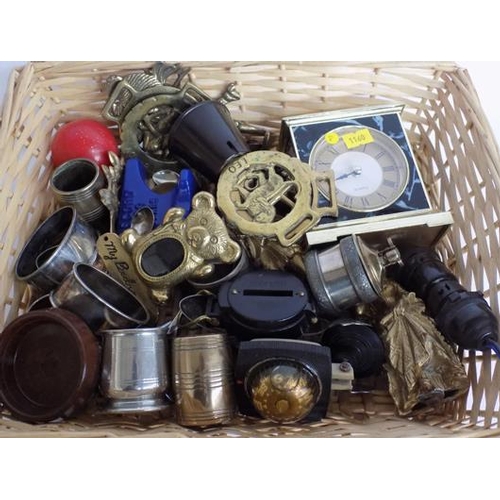 1 - Basket of collectables incl. brass ware, napkin rings, lighters, clocks etc.