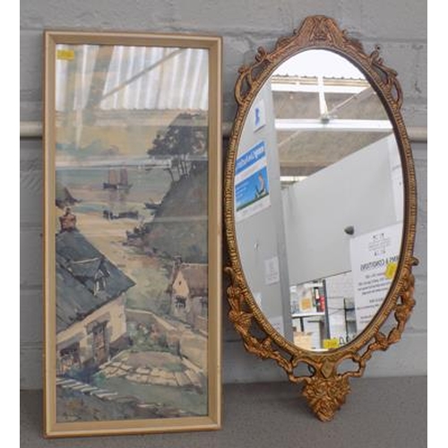 21a - Vintage framed mirror & framed print