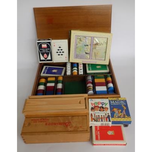 5 - Vintage inlaid wooden games box, complete with cards, dominoes etc.