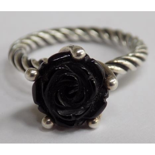 115 - Silver Pandora black rose ring - approx. size L