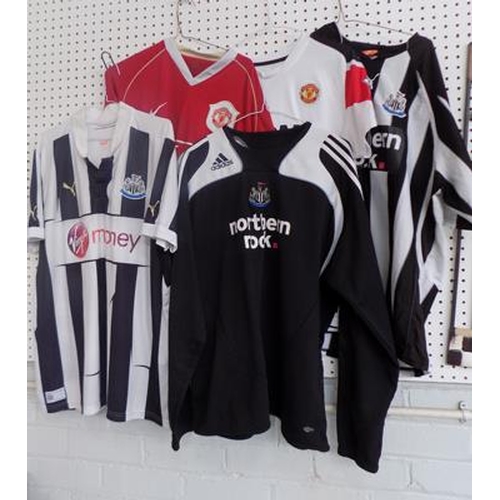 87 - Five football shirts inc 2 x old Manchester Utd.  + 3 x Newcastle Utd. - AIG, N Rock