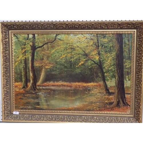 89 - Large original oil on canvas - woodland scene - signed by Stanley Dollingson (local artist) - 35