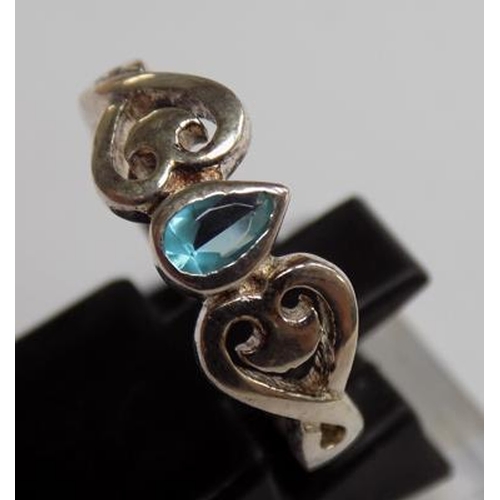 108 - 925 Silver Art Nouveau style ring with blue centre stone approx size N