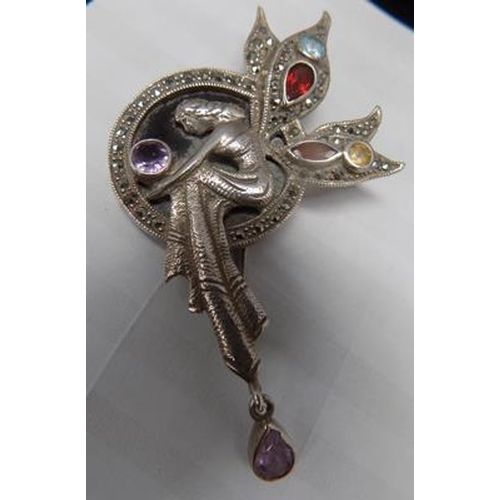 116 - 925 Silver fairy brooch, various stones