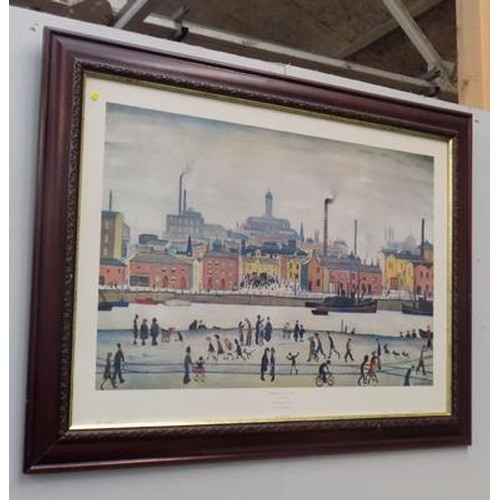 553 - Extra large mahogany framed vintage Lowry print - 'Northern River scene' from private collection (19... 