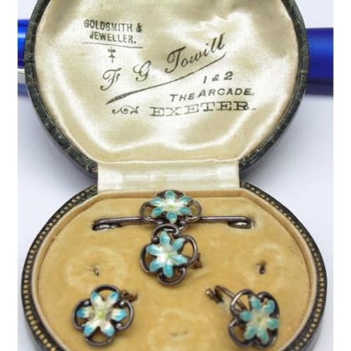 97 - Sterling silver enamel brooch and matching buttons in box, Birmingham 1912