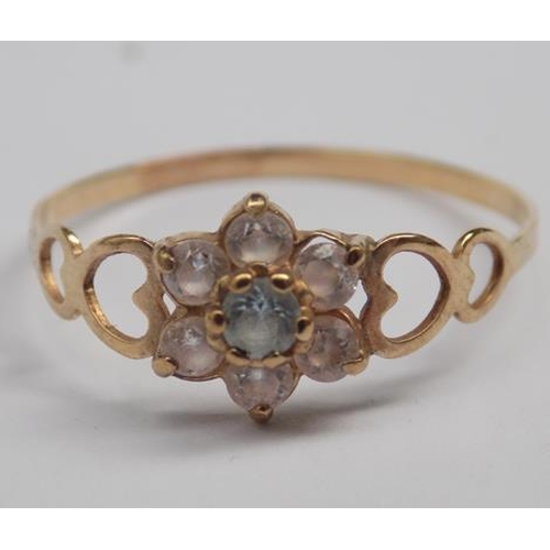 100 - 9ct Gold ring with white stone cluster & blue centre stone-hallmark worn away