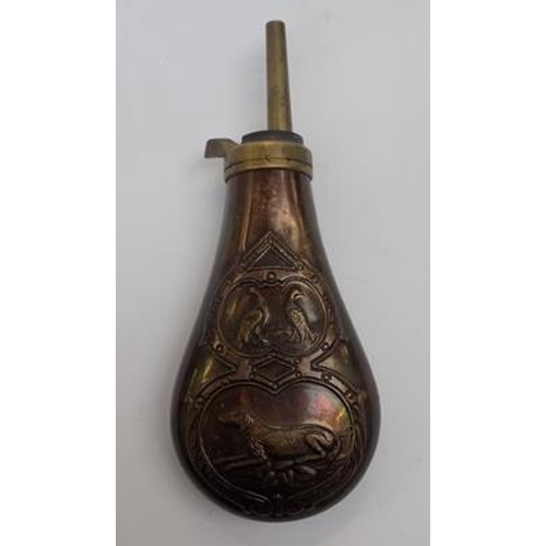 107 - Vintage copper powder flask with single brass shutter and finished with ornate detail