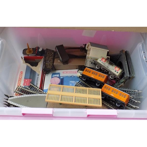 37 - Box of tracks, controllers, trucks, transformer, platform, signal box, long track