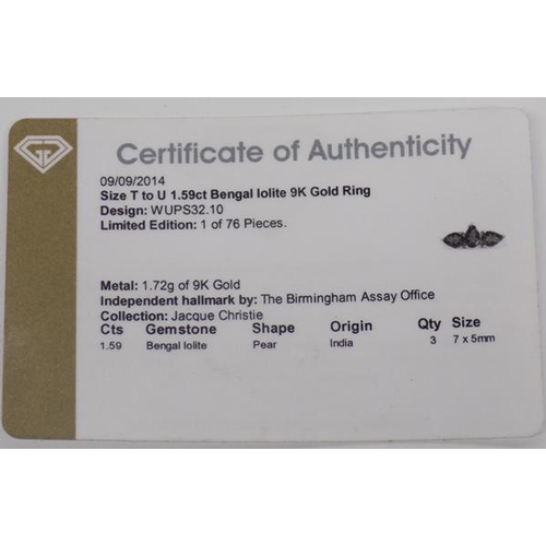 134 - 9ct Gold Bengal lolite ring size U with certificate