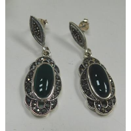 152 - Pair of silver green stone & marcasite earrings