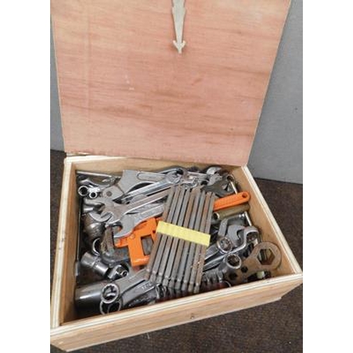 503 - Small wooden box of spanners, screw bits etc