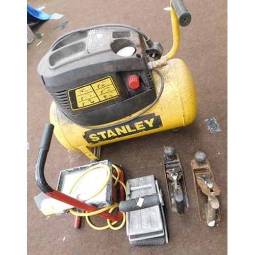 505 - Stanley compressor+ 110v work light, 2 planes & glass lifter