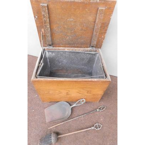 635 - Wooden oak coal bucket with metal insert & fireplace set