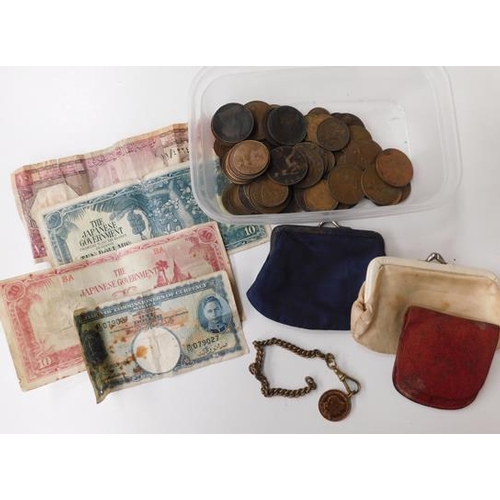 73 - Collection of British coins, fob chain and notes