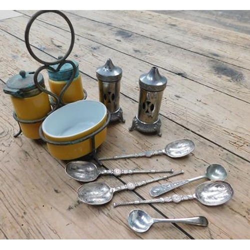 15 - Vintage ceramic cruet set and pewter cruet set (with blue lines) and collection of spoons