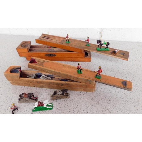 20 - 2 x vintage wooden box pencil cases with a collection of lead figures