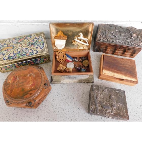 23 - Collection of vintage tins with badges, medals, buttons & rings