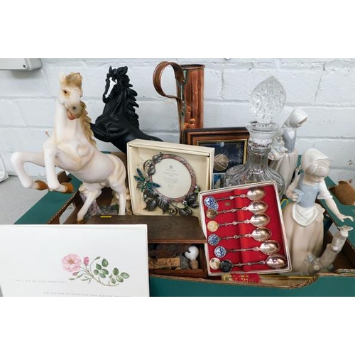 32 - Mixed box of collectables incl. Nao, glass decanter and stamps - all proceeds go to Bradford Hospita... 