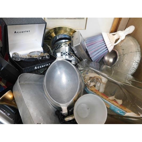 49 - Box of vintage collectables - boxed Sekonda watch, silver plate ship in bottle + 20 vintage brooches