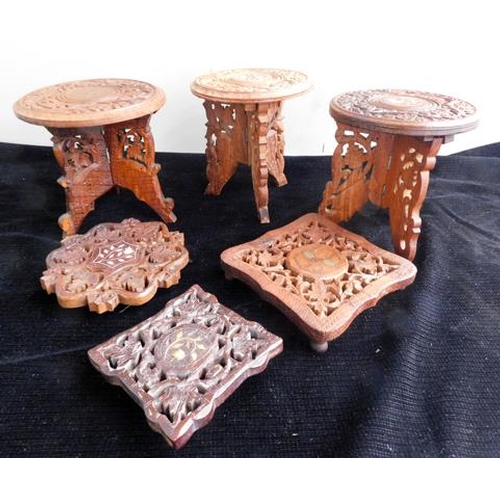 53 - 3 x small hand carved inlaid tables (approx. 7inches) & 3 x carved pot stands