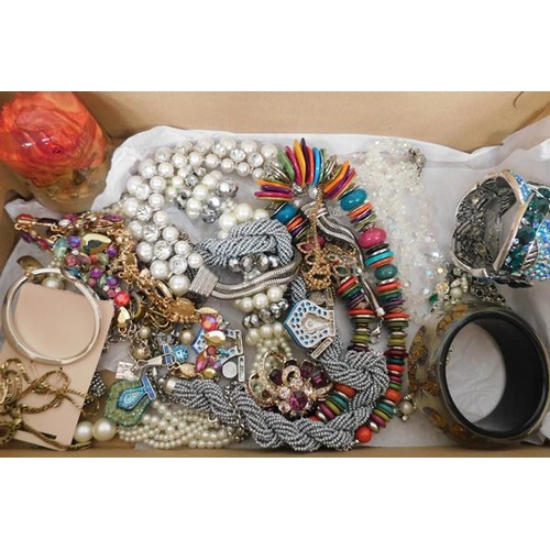 77 - Box of costume watches, compacts, small Radley purse, evening bag