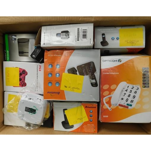 683 - Box of factory returns phones, answer machines including Motorola