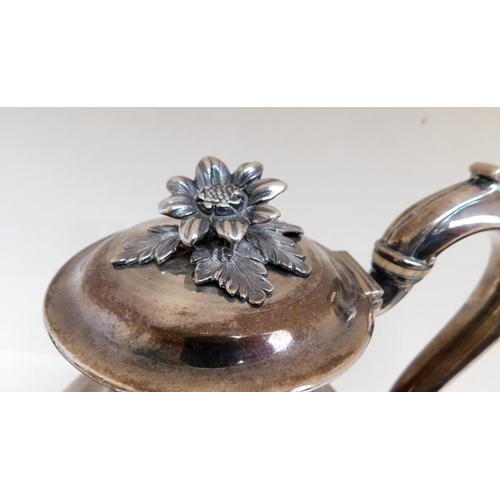 100 - Richard Pearce & George Burrows 1830 silver coffee pot. Domed hinged lid with flower finial, handle ... 