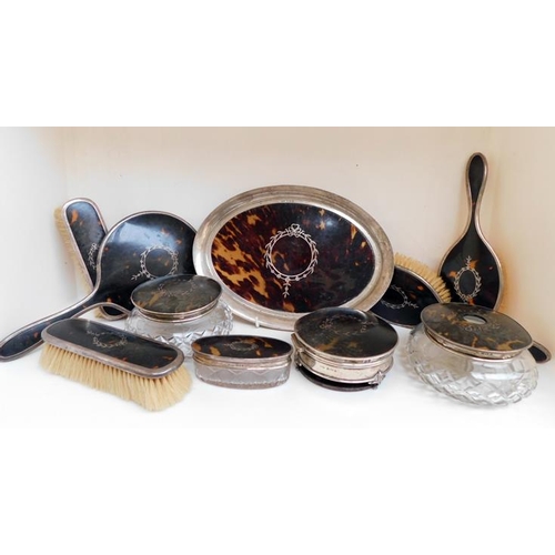 102 - Antique silver & tortoiseshell 10 piece dressing table set. All marked Birmingham, Maker G.E Lewis &... 