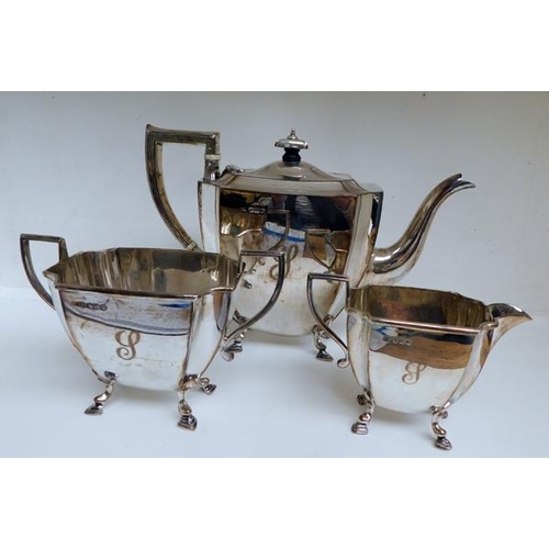 105 - Silver 3 piece tea set, Stevensons & Law of Sheffield 1917. Ivory insulators and engraving.