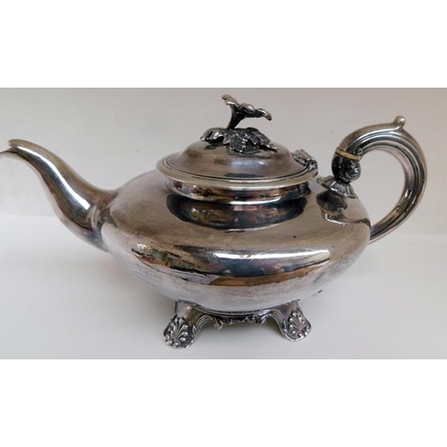110 - Richard Pearce & George Burrows 1837 silver tea pot. Domed hinged lid with flower finial, handle wit... 
