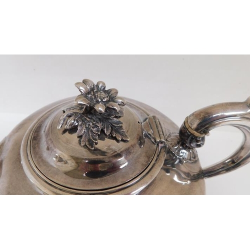 110 - Richard Pearce & George Burrows 1837 silver tea pot. Domed hinged lid with flower finial, handle wit... 