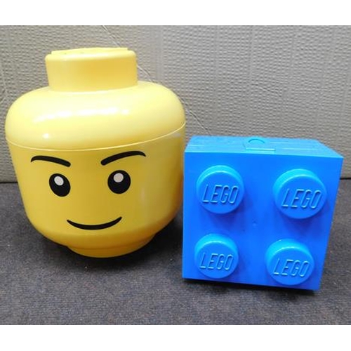 64 - Large Lego yellow storage head and blue lunch box with handle