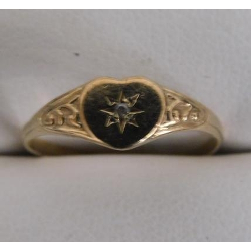 87 - Vintage 9ct gold diamond loveheart signet ring, size K 1/2