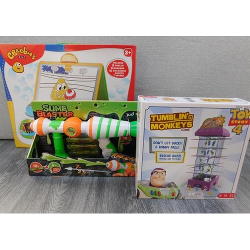 22a - CBeebies My First Art Desk 3+, Slime Blaster 5+, Toy Story 4 Tumblin Monkeys game 5+