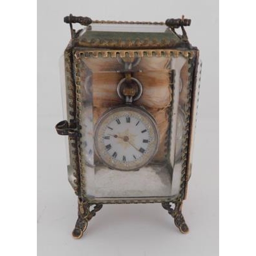 102 - Victorian brass & cut glass watch stand with decorative silver fob watch w/o