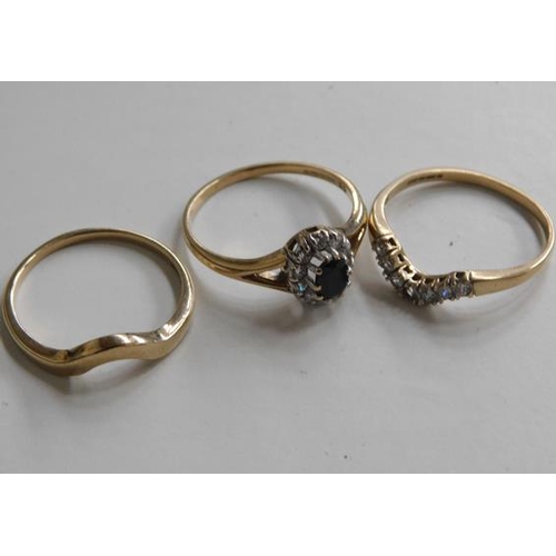 125 - Set of 3 9ct rings. Wedding,  engagement & eternity, with sapphires size R