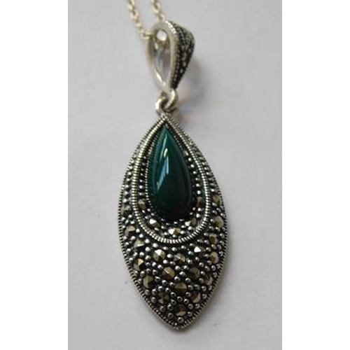 134 - 925 Silver green stone & marcasite pendant on silver chain