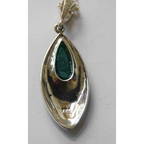 134 - 925 Silver green stone & marcasite pendant on silver chain