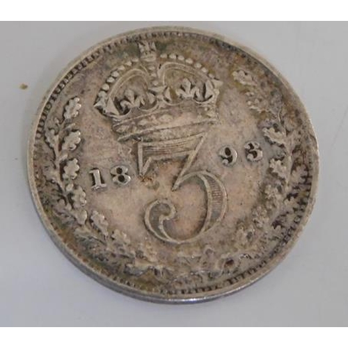 168 - Rare 1893 (JH) silver 3d (NEF)